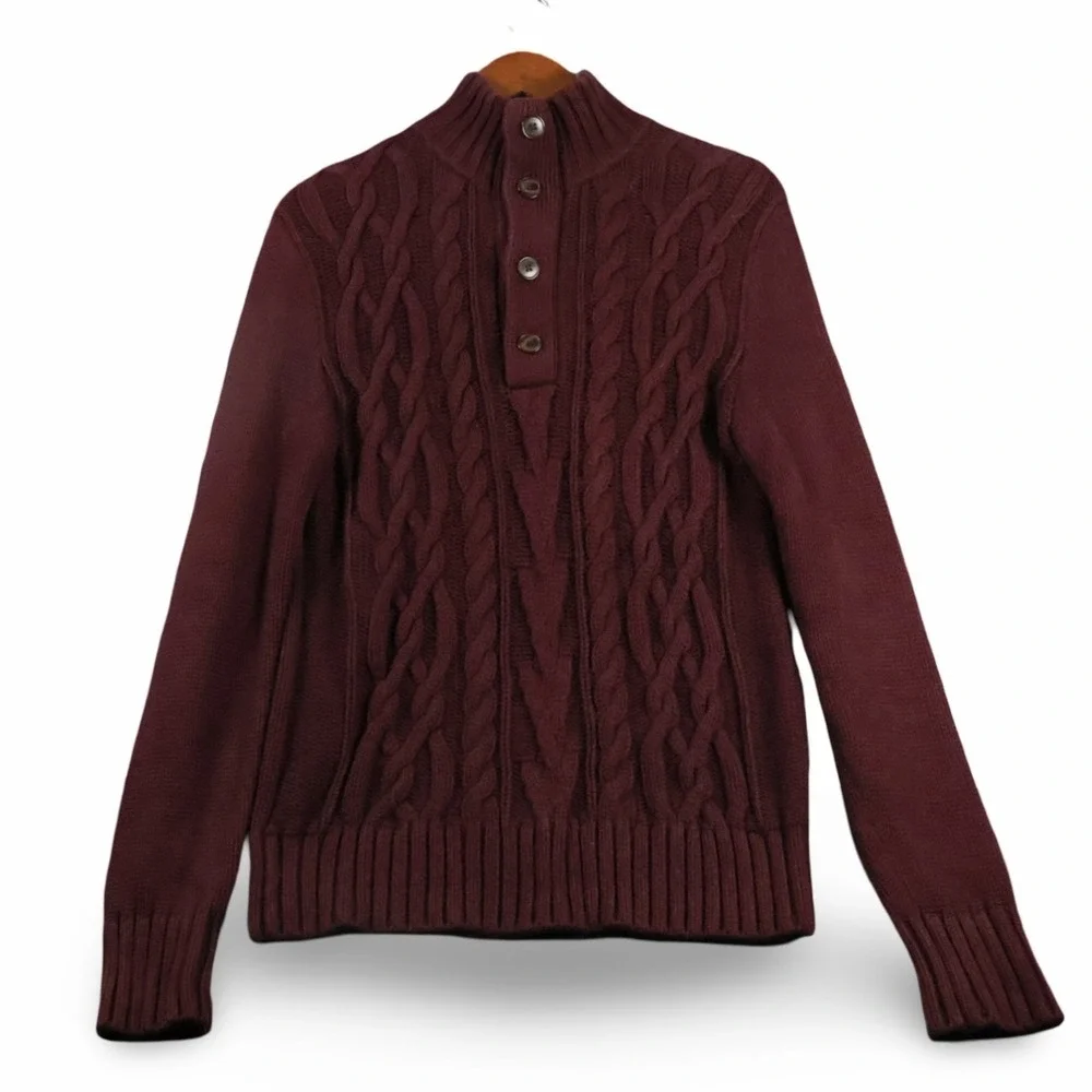Banana Republic Men's Burgundy Cable Knit Mock Neck Henley Sweater S 100% Cotton